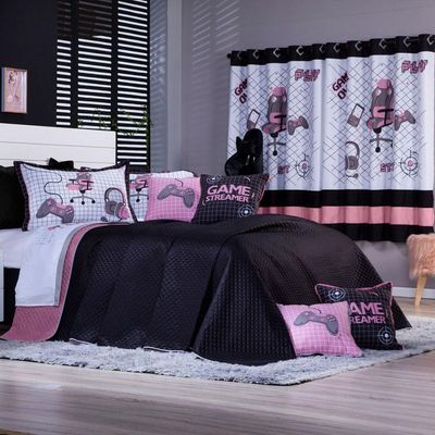 Kit Cobre Leito Colcha Queen Game Streamer Rosê Dupla Face Com Almofadas Estampadas 07 Peças