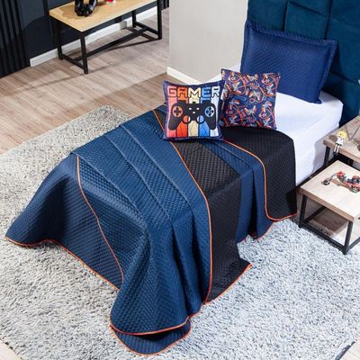 Kit Cobre Leito Colcha Solteiro Gamer Day Preto/azul Marinho Dupla Face Com Almofadas Estampadas 04 Peças