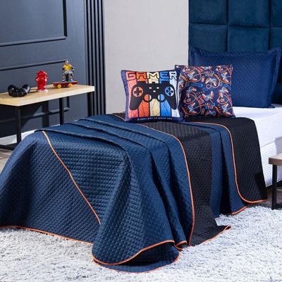 Kit Cobre Leito Colcha Solteiro Gamer Day Preto/azul Marinho Dupla Face Com Almofadas Estampadas 04 Peças