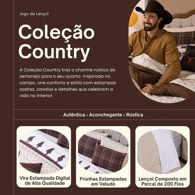 Jogo De Cama Lençol Solteiro Country Com Fronha Estampada 03 Peças - Tecido Percal 200 Fios Cor Marrom