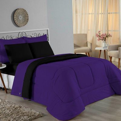 Kit Edredom Dupla Face + Jogo De Lençol Queen Nobre 7 Peças Malha 100% Algodão - Roxo / Preto