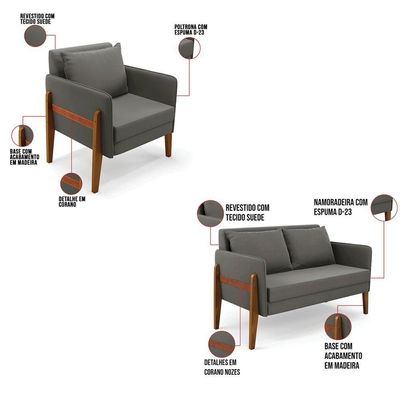 Kit 1 Sofá Namoradeira E 1 Poltrona Lana Suede Base De Madeira - D'rossi Cor Grafite