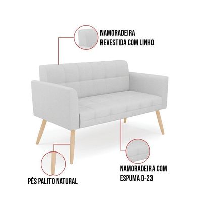 Kit 1 Sofá Namoradeira E 2 Poltronas Elisa Linho Cinza A05 Pés Palito Natural - D'rossi
