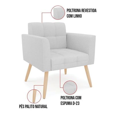 Kit 1 Sofá Namoradeira E 2 Poltronas Elisa Linho Cinza A05 Pés Palito Natural - D'rossi