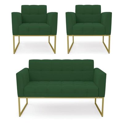 Kit 1 Sofá Namoradeira E 2 Poltronas Elisa Veludo Verde Base Metálica Industrial Dourado - D'rossi