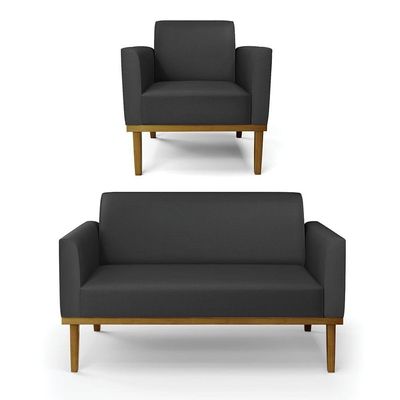 Sofá Namoradeira Com Poltrona Base De Madeira Fixa Castanho Marisa Corino D03 - D?rossi Cor Preto
