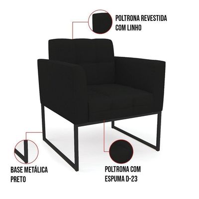 Kit 1 Sofá Namoradeira E 1 Poltrona Linho Base Metálica Industrial Preto - D'rossi Cor A79 Preto