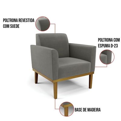 Sofá Namoradeira Com 2 Poltronas Base De Madeira Fixa Castanho Marisa Suede D03 - D?rossi Cor Grafite