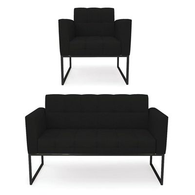 Kit 1 Sofá Namoradeira E 1 Poltrona Linho Base Metálica Industrial Preto - D'rossi Cor A79 Preto