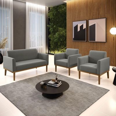 Sofá Namoradeira Com 2 Poltronas Base De Madeira Fixa Castanho Marisa Suede D03 - D?rossi Cor Grafite