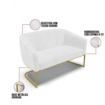 Sofá Namoradeira 2 Lugares Base Industrial Dourado Stella Corano D03 - D'rossi Cor Branco