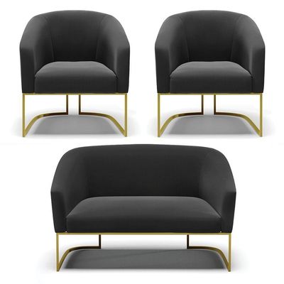 Namoradeira E 2 Poltronas Base Industrial Dourado Stella Suede D03 - D'rossi Cor Preto