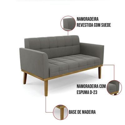Sofá Namoradeira 2 Lugares Base De Madeira Castanho Elisa Suede Grafite D03 - Drossi