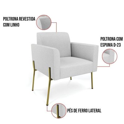 Sofá Namoradeira E 2 Poltronas Pé De Ferro Dourado Marisa Linho D03 - D'rossi Cor Cinza