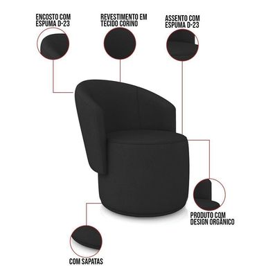 Sofá Namoradeira E 2 Poltronas Orgânica Para Sala Malu Sintético Preto M11 - D'rossi