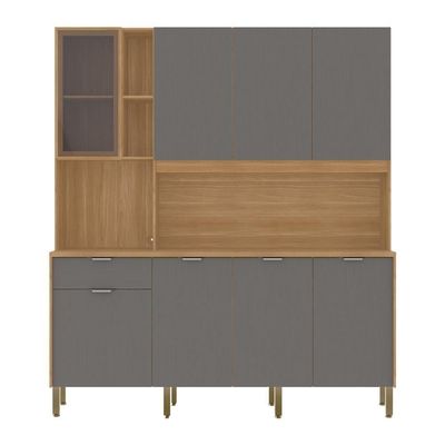 Armário De Cozinha Compacto Kits Paraná Nature 8 Portas 1 Gaveta Nicho Decorativo 1,94m - Freijó/gris