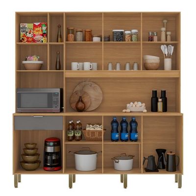 Armário De Cozinha Compacto Kits Paraná Nature 8 Portas 1 Gaveta Nicho Decorativo 1,94m - Freijó/gris