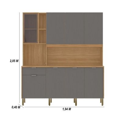 Armário De Cozinha Compacto Kits Paraná Nature 8 Portas 1 Gaveta Nicho Decorativo 1,94m - Freijó/gris