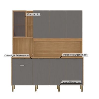 Armário De Cozinha Compacto Kits Paraná Nature 8 Portas 1 Gaveta Nicho Decorativo 1,94m - Freijó/gris