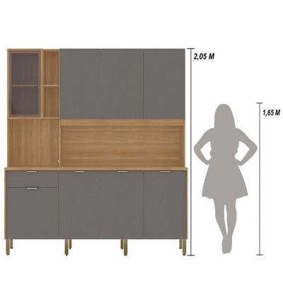 Armário De Cozinha Compacto Kits Paraná Nature 8 Portas 1 Gaveta Nicho Decorativo 1,94m - Freijó/gris