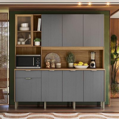Armário De Cozinha Compacto Kits Paraná Nature 8 Portas 1 Gaveta Nicho Decorativo 1,94m - Freijó/gris