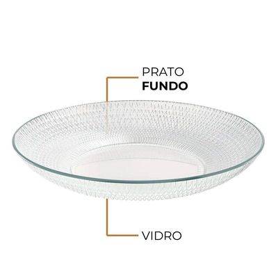 Jogo 12 Prato Fundo De Vidro Gema Plus Transparente 22,5cm Class Home
