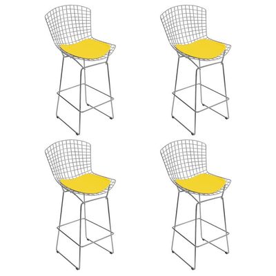 Kit 4 Banquetas Bistrô Bertoia Cromada D70 Com Assento Sintético Amarelo