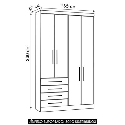 Guarda Roupa Solteiro 135cm 4 Portas 4 Gavetas Taiga Branco/grey L01 - Mpozenato