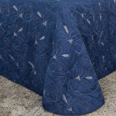 Kit Cobre Leito Colcha Diamante Queen 5 Peças Bordado Floral Dupla Face 180 Fios - Azul Marinho - 100% Poliéster
