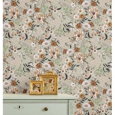 Papel de Parede Vinílico Autoadesivo Estampa Floral Vintage Chique Impermeável Bege para Quartos, Espaços Alugados e Armários - S4Sassy 63,5 cm (L) × 914,4 cm (C) / Bege - Vinil Texturizado