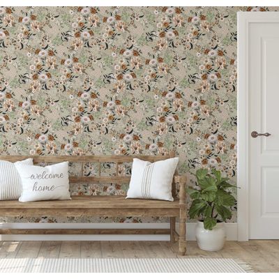 Papel de Parede Vinílico Autoadesivo Estampa Floral Vintage Chique Impermeável Bege para Quartos, Espaços Alugados e Armários - S4Sassy 63,5 cm (L) × 914,4 cm (C) / Bege - Vinil Texturizado