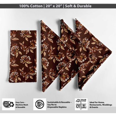 Guardanapos de Algodão Canvas Designer, Kit 12, 51 cm, Estampa Floral Marrom Terroso, Duráveis, Absorventes, Laváveis à Máquina - Vargottam 50,8 Cm × 50,8 Cm – Pacote Com 12 Peças / Marrom