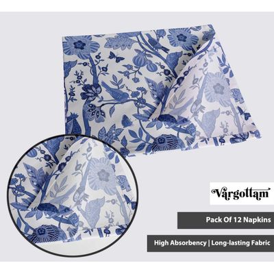 Guardanapos Canvas de Algodão Azuis, Conjunto de 12, 51 cm, Estampa de Folhas, Duráveis e Absorventes, Laváveis na Máquina - Vargottam 50,8 Cm × 50,8 Cm – Pacote Com 12 Peças / Azul