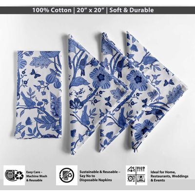 Guardanapos Canvas de Algodão Azuis, Conjunto de 12, 51 cm, Estampa de Folhas, Duráveis e Absorventes, Laváveis na Máquina - Vargottam 50,8 Cm × 50,8 Cm – Pacote Com 12 Peças / Azul