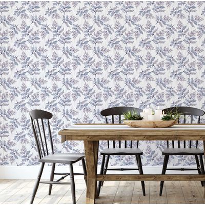 Papel de Parede Autoadesivo Vinílico Estampa Samambaia Botânica Azul Removível para Parede de Entrada, Solução Fácil de Decoração - S4sassy 63,5 cm (L) × 914,4 cm (C) / Azul - Vinil Liso