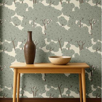 Papel de Parede Autoadesivo Estampa Dossel de Árvore Floral, Mural Estilo Asiático para Banheiro, Lavanderia e Closet Vinil Verde - S4Sassy 63,5 cm (L) × 152,4 cm (C) / Verde - Vinil Liso