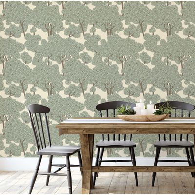 Papel de Parede Autoadesivo Estampa Dossel de Árvore Floral, Mural Estilo Asiático para Banheiro, Lavanderia e Closet Vinil Verde - S4Sassy 63,5 cm (L) × 152,4 cm (C) / Verde - Vinil Liso