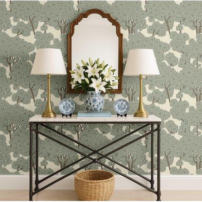 Papel de Parede Autoadesivo Estampa Dossel de Árvore Floral, Mural Estilo Asiático para Banheiro, Lavanderia e Closet Vinil Verde - S4Sassy 63,5 cm (L) × 152,4 cm (C) / Verde - Vinil Liso