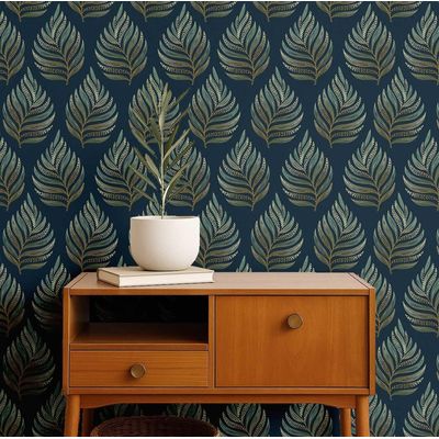 Papel de Parede Autocolante Decorativo com Samambaia, Vinil Impermeável Removível, Ideal para Inquilinos, Azul - S4Sassy 63,5 cm (L) × 152,4 cm (C) / Azul - Vinil Texturizado