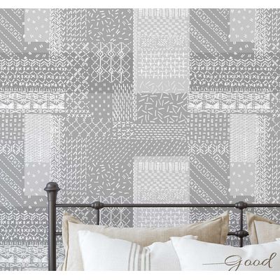 Papel de Parede Patchwork com Pesponto, Estilo Asiático, Vinílico Autoadesivo, Fácil DIY para Quarto e Sala, Cinza - S4Sassy 63,5 cm (L) × 914,4 cm (C) / Cinza - Vinil Texturizado