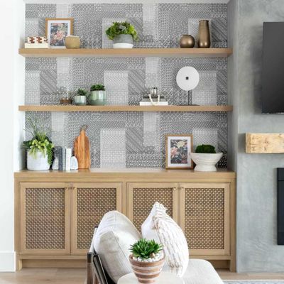 Papel de Parede Patchwork com Pesponto, Estilo Asiático, Vinílico Autoadesivo, Fácil DIY para Quarto e Sala, Cinza - S4Sassy 63,5 cm (L) × 914,4 cm (C) / Cinza - Vinil Texturizado