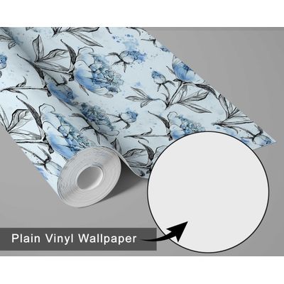 Papel de Parede Autoadesivo Removível, Estampa Floral Peônia Esboço Azul, Mural Instantâneo Banheiro e Lavanderia Vinílico - S4Sassy 63,5 cm (L) × 152,4 cm (C) / Azul - Vinil Texturizado