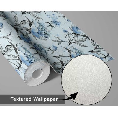 Papel de Parede Autoadesivo Removível, Estampa Floral Peônia Esboço Azul, Mural Instantâneo Banheiro e Lavanderia Vinílico - S4Sassy 63,5 cm (L) × 152,4 cm (C) / Azul - Vinil Texturizado