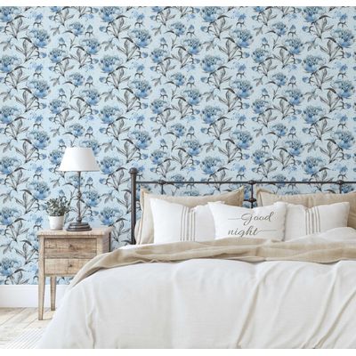 Papel de Parede Autoadesivo Removível, Estampa Floral Peônia Esboço Azul, Mural Instantâneo Banheiro e Lavanderia Vinílico - S4Sassy 63,5 cm (L) × 152,4 cm (C) / Azul - Vinil Texturizado