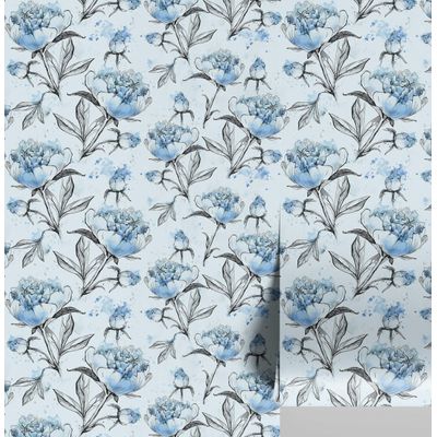 Papel de Parede Autoadesivo Removível, Estampa Floral Peônia Esboço Azul, Mural Instantâneo Banheiro e Lavanderia Vinílico - S4Sassy 63,5 cm (L) × 152,4 cm (C) / Azul - Vinil Texturizado
