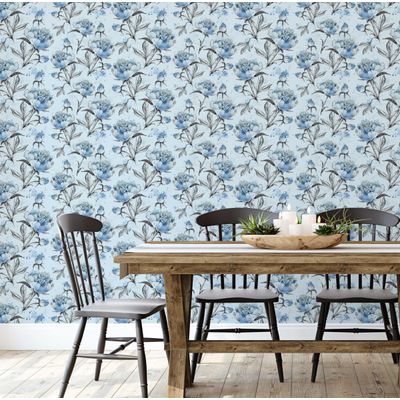 Papel de Parede Autoadesivo Removível, Estampa Floral Peônia Esboço Azul, Mural Instantâneo Banheiro e Lavanderia Vinílico - S4Sassy 63,5 cm (L) × 152,4 cm (C) / Azul - Vinil Texturizado