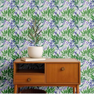 Papel de Parede Autoadesivo, Ramos com Bagas em Aquarela, Vinílico Impermeável, Verde, Removível para Quarto e Sala de Jantar - S4Sassy 63,5 cm (L) × 152,4 cm (C) / Verde - Vinil Texturizado