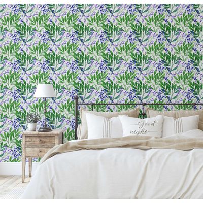 Papel de Parede Autoadesivo, Ramos com Bagas em Aquarela, Vinílico Impermeável, Verde, Removível para Quarto e Sala de Jantar - S4Sassy 63,5 cm (L) × 152,4 cm (C) / Verde - Vinil Texturizado