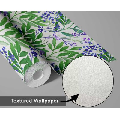 Papel de Parede Autoadesivo, Ramos com Bagas em Aquarela, Vinílico Impermeável, Verde, Removível para Quarto e Sala de Jantar - S4Sassy 63,5 cm (L) × 152,4 cm (C) / Verde - Vinil Texturizado