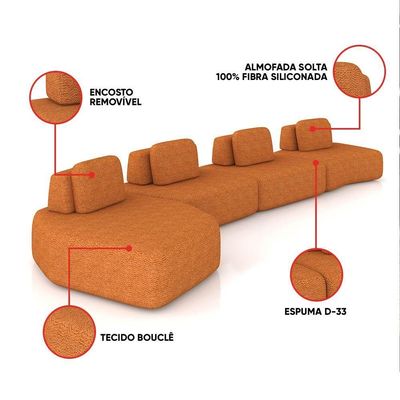 Sofá 4 Lugares Orgânico Com Chaise E 3 Módulos Berlim Bouclê Cr K01 - D'rossi Caramelo